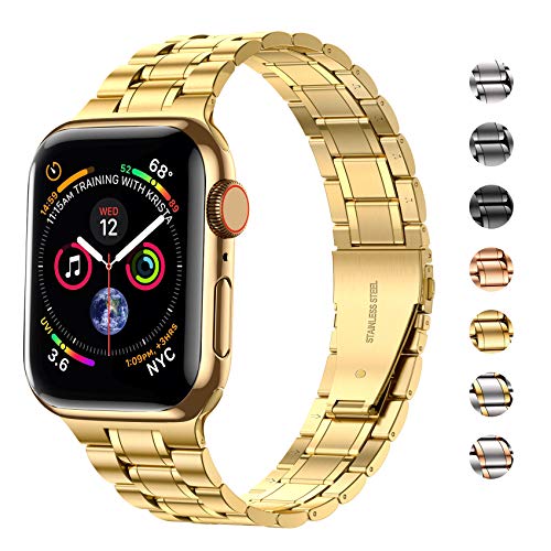 MioHHR Solid Stainless Steel Band Compatible with Apple Watch 38mm(Series 3/2/1) 40mm(Series SE/6/5/4) 41mm(Series 9/8/7) Metal Strap with Soft TPU Case for iWatch Bands for Women and Men, Gold