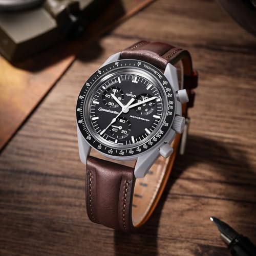 Getalia Italian Full grain vegetable tanned leather watch Bands Curved Strap,Compatible with Omega X Swatch Moonswatch Speedmaster Watch straps Men Women (Brown-width：20mm)