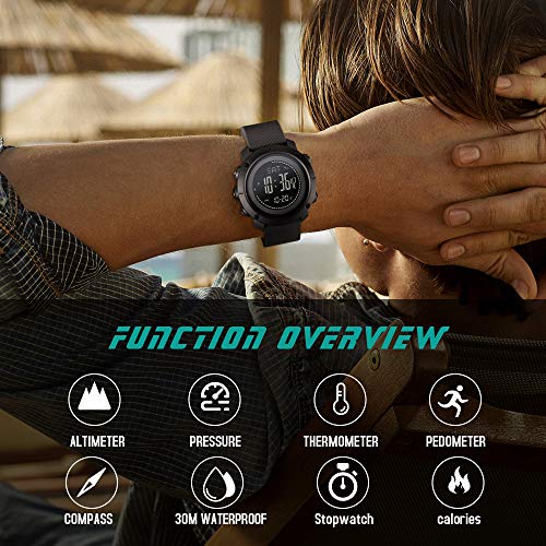 SKMEI Mens Compass Watch, Digital Sports Watch Pedometer Altimeter Barometer Temperature Military Waterproof Wristwatch for Men Women