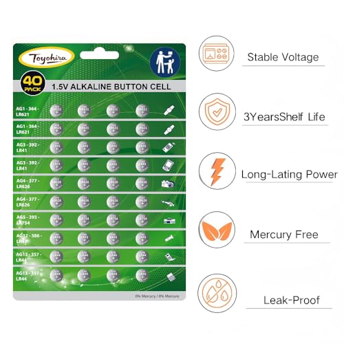 40pcs High Power Super Alkaline Button Cell astd 1.5V Watch Batteries Incl. AG1(LR621,364)*8,AG3(LR41,392)*8, AG4(LR626,377)*8,AG5(LR754, 393)*4,AG12(LR43,386)*4,AG13(LR44,357)*8 for thermometer clock