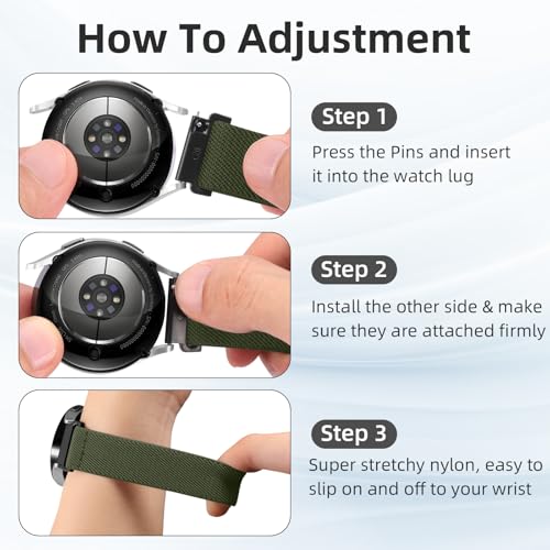 DaQin 3 Pack 20mm Watch Band for Men Women Compatible with 20mm Quick Release Watch Band, Adjustable Soft Stretchy Nylon Solo Loop Strap Elastic Braided Relacement Wristband, Black/Army Green/Grey