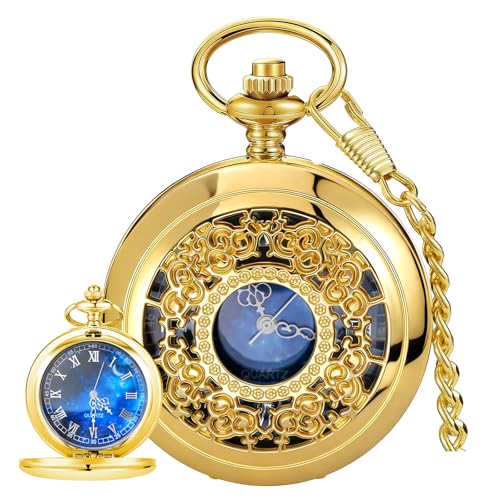 Tiong Luxury Gold Pocket Watch Hollow Blue Star Roman Numerals Quartz Pocket Watches with Chain Christmas Graduation Birthday Gifts Fathers Day(24-Gold)