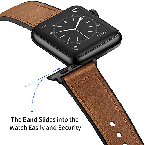 OUHENG Leather Bands Compatible with Apple Watch Band 49mm/46mm/45mm/44mm/42mm, Sweatproof Leather Rubber Hybrid Strap for iWatch Ultra 3/2/1 Series 11 10 9 8 7 6 5 4 3 2 1 SE 3/2/1, Brown/Black