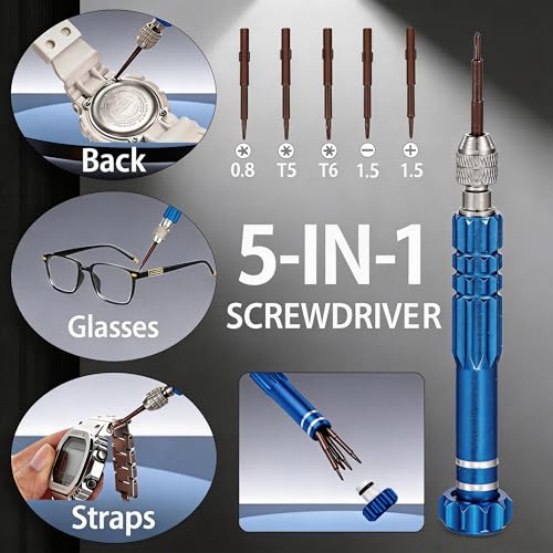 MARVLLGGOSO Watch Battery Replacement Tool Kit with Spring Bars, 5-in-1 Precision Screwdriver, Adjustable Back Case Opener, Holder, Pry Tool, Spring Bar Tool with Scale, Tweezer, Watch Repair Kit for Watch Back Removal and Band Replacement