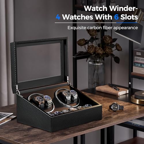 ANWBROAD Watch Winders for Automatic Watches, Automatic Watch Winder with 4 Watches Rotator and 6 Extra Storages, 4 Watch Winder with Japanese Quiet Motor, Carbon Fiber Watch Winders,UJWW012C