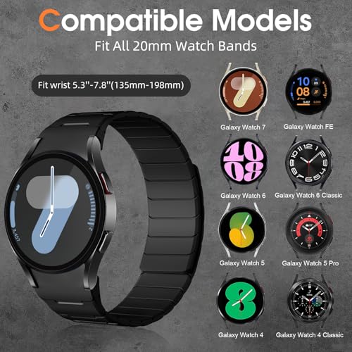 Easuny Magnetic Silicone Bands Compatible with Samsung Galaxy Watch 7 Band 6 5 4 3 FE 40mm 44mm/Watch 6 Classic 43mm 47mm/Watch 5 Pro 45mm/Watch 4 Classic/Active 2, 20mm No Gap Sport Strap Men Women
