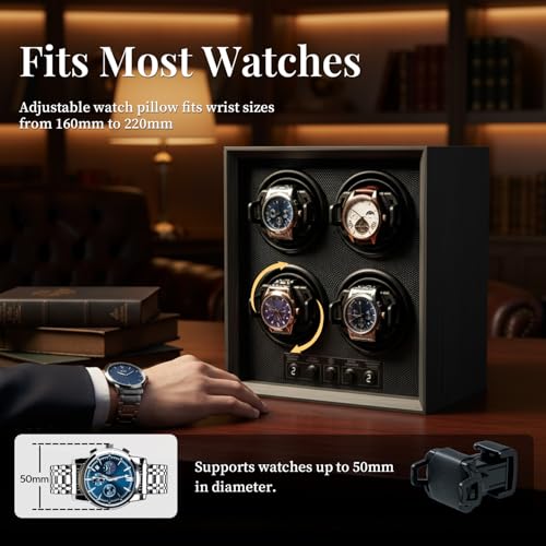 Mcbazel Watch Winder for 4 Automatic Watches, 5 Rotation Modes Watch Box Case with Super Quiet Motor, Ideal Gift for Men, Beloved, Women, Father - Ebony Pattern
