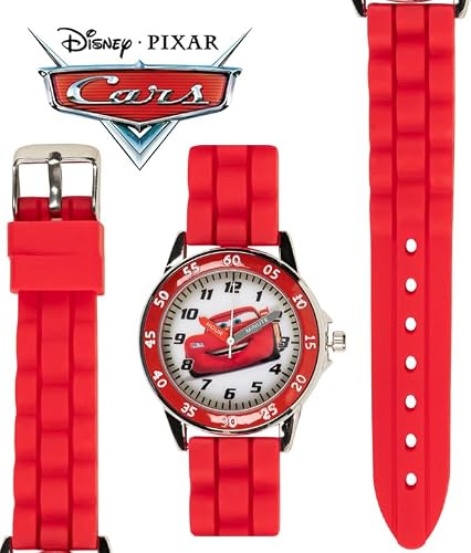Disney Pixar Cars Kids' Time-Teaching Watch – Lightning McQueen Design with Red Silicone Strap, Easy-to-Read Dial, and Adjustable Fit for Wrists 5.5" to 8"