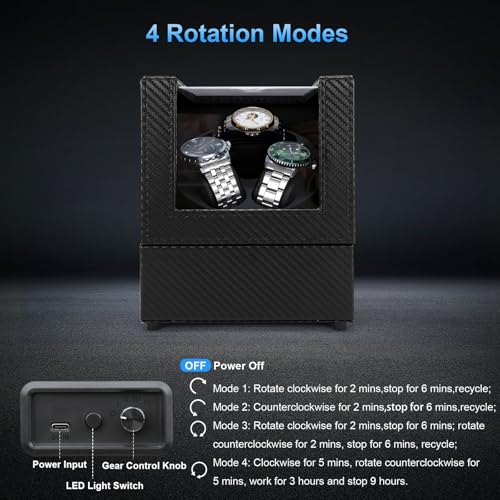 Anyasun Watch Winder for Automatic Watches,3 Watch Winder Box with LED Display, Ultra Quiet Japanese Motor,4 Rotation Modes,Watch Shark for Men & Women,USB-C Power