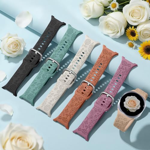 SNBLK Floral Engraved Bands Compatible with Galaxy Watch 8 Band 40mm 44mm/Galaxy Watch 8 Classic Band 46mm, 6 Pack Cute Flower Soft Silicone Sport Replacement Strap for Samsung Watch 8 Bands Women Men