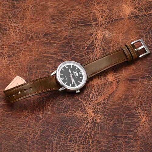 BISONSTRAP Leather Watch Straps, Classic Oil Waxed Leather, Quick Release Replacement Band for Men and Women, 20mm, Dark Brown/Silver Buckle