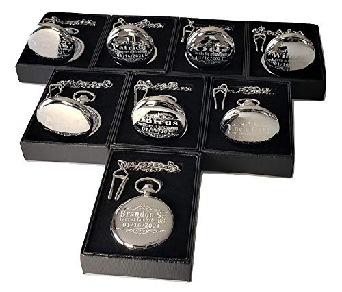 1 Personalized Pocket watch, Vintage style engraved gift. Box included, Stainless chain and engraving is included, Groomsmen, best man gifts for couples and weddings (Silver)