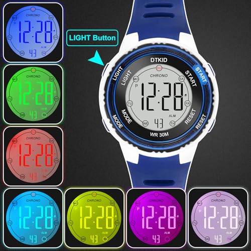 DTKID Digital Kids Watch 30 M Waterproof, 7 Color Lights Time Teaching Watch Easy to Read for Girls Boy 5-16