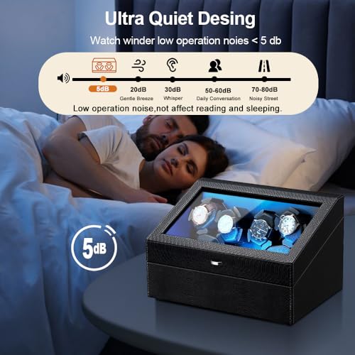 J&T Technology Watch Winder for Automatic Watches,Automatic Watch Winder with LED Light,6 Watch Winder + 6 Storage Case with Quiet Motor for Man/Woman's Watches(PU Snake Skin)