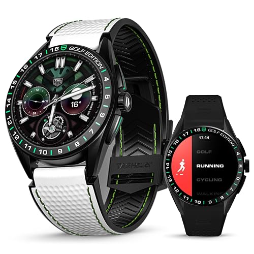 TAG Heuer Smart Watch, Fitness Watch, Connected Calibre E4 45 mm Golf Edition, Touch Screen, Waterproof, Calls, SMS, Steps, Heart Rate, Wellness, Titanium, White Or Black/Green Straps, SBR8A81.EB0251