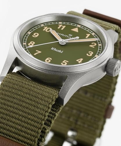 Hamilton Khaki Field Khaki Quartz Men's Watch, 33mm Stainless Steel Case, Swiss Made, Green Dial Analog Wrist Watch for Men, 50m Waterproof, Sapphire Crystal, Textile Strap
