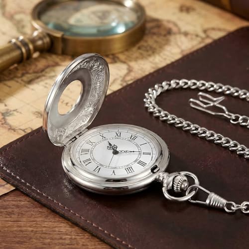 LYMFHCH Vintage Pocket Watch Roman Numerals Scale Quartz Pocket Watches with Chain Christmas Graduation Birthday Gifts Fathers Day