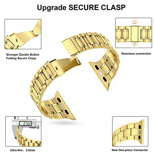MioHHR Solid Stainless Steel Band Compatible with Apple Watch 38mm(Series 3/2/1) 40mm(Series SE/6/5/4) 41mm(Series 9/8/7) Metal Strap with Soft TPU Case for iWatch Bands for Women and Men, Gold