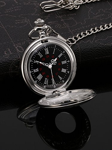 Hicarer Vintage Pocket Watch Steel Men Watch with Chain (Silver)