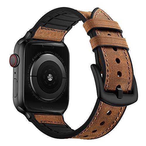 OUHENG Leather Bands Compatible with Apple Watch Band 49mm/46mm/45mm/44mm/42mm, Sweatproof Leather Rubber Hybrid Strap for iWatch Ultra 3/2/1 Series 11 10 9 8 7 6 5 4 3 2 1 SE 3/2/1, Brown/Black