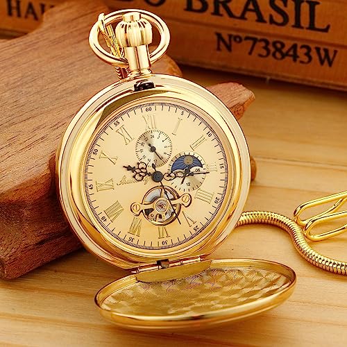 Whodoit Gold Smooth Shield Double Cover Men's Mechanical Pocket Watch, Double Cover Roman Moonlight Design Dial Chain Pocket Watch for Men