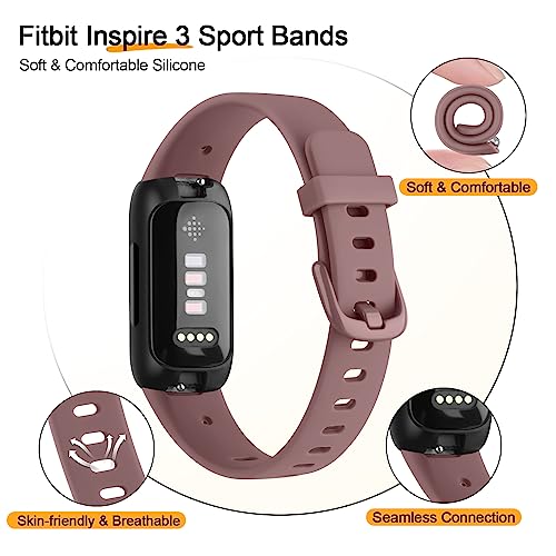 Vancle 4 Pack Bands Compatible with Fitbit Inspire 3 Bands for Women Men, Sport Silicone Adjustable Replacement Straps for Fitbit Inspire 3 Fitness Tracke (Milk Tea/Smoke Purple/Starlight/Pine Green)
