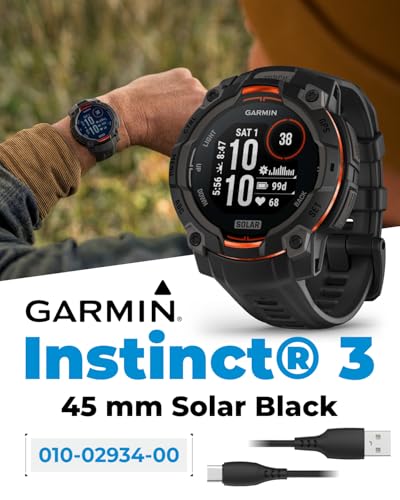 Wearable4U Garmin Instinct 3 Solar 45 mm, Rugged Outdoor GPS Smartwatch, Metal-Reinforced Bezel, Built-in Flashlight, Up to 28 Days of Battery Life, Black with Black Band Bundle