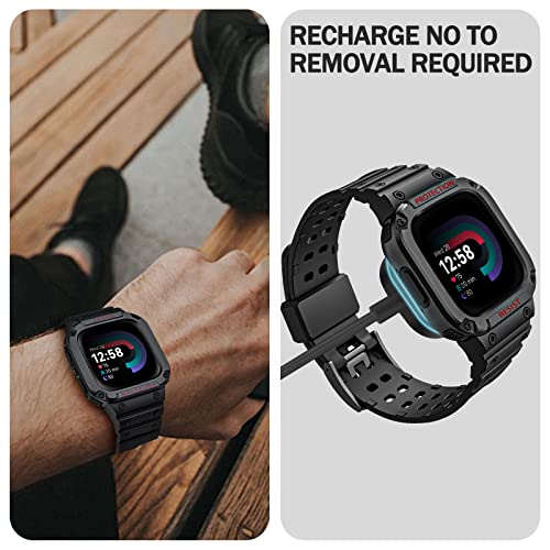 Fintie Bands with Case Compatible with Fitbit Versa 4/3/2/1/Versa Lite/Fitbit Sense 2/Sense, Protective Case Strap Rugged Sport Band Men, Black