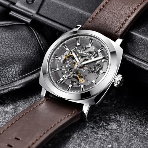 BENYAR Men's Automatic Mechanical Watch Leather Strap Gold Movement 45mm Skeleton Dial Water Resistant Scratch Resistant Elegant Gift for Men, Grey 1, Strap