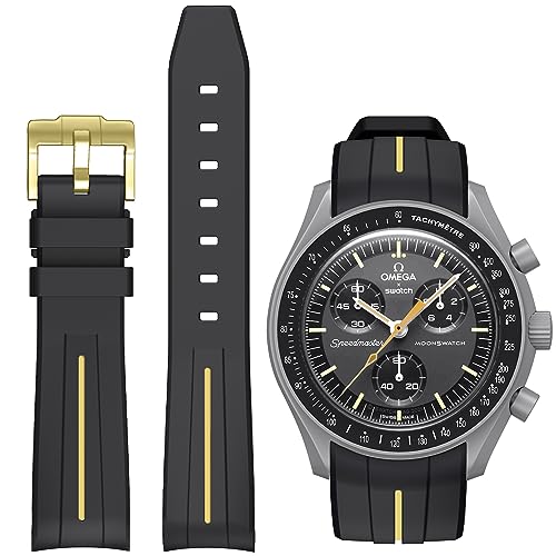 Bands for Moonswatch Watch,Curved No Gap Rubber Strap Compatible with Omega X Swatch Moonswatch Speedmaster/Rolex/SEIKO 20mm Watch,Swatch Omega Moonswatch Speedmaster Watch Replacement Band Men Women (Black gold line)