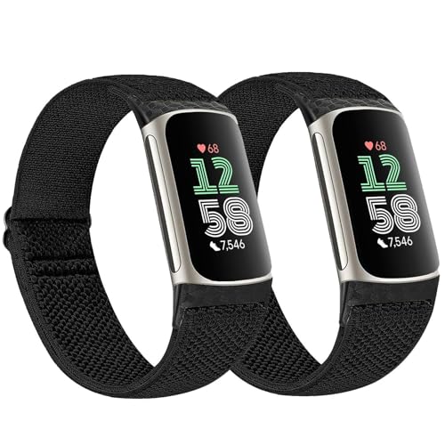 2 Pack Elastic Nylon Bands Compatible with Fitbit Charge 6 / Fitbit Charge 5, Classic Soft Breathable Adjustable Sport Smartwatch Replacement Wristband for Women Men (black+black)