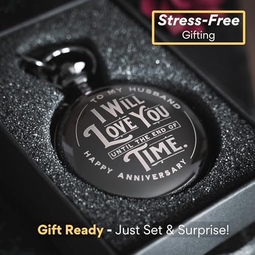 Red Dot Laser Engraving Anniversary Pocket Watch for Husband - Engraved Silver Stainless Steel - Meaningful Keepsake - Boxed and Ready to Give