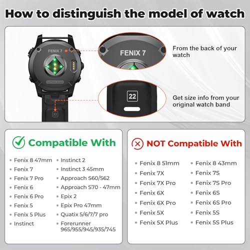 ANCOOL Compatible with Fenix 6/Fenix 7 Bands 22MM Quickfit Silicone Watch Band Replacement for Fenix 8 47mm/7 Pro/6 Pro/5/5 Plus/Approach S60/S62/Quatix 6 (Black)
