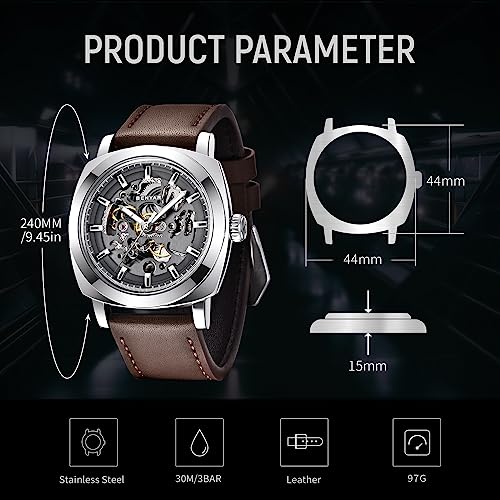 BENYAR Men's Automatic Mechanical Watch Leather Strap Gold Movement 45mm Skeleton Dial Water Resistant Scratch Resistant Elegant Gift for Men, Grey 1, Strap