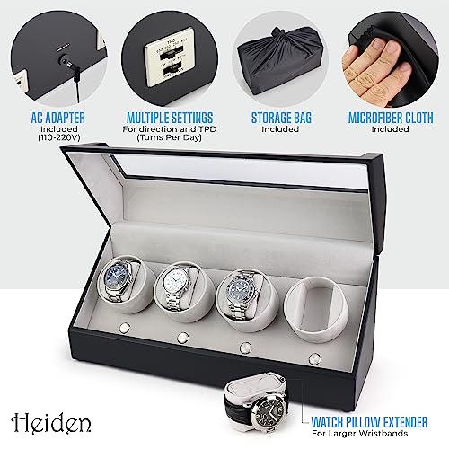 Heiden Quad Watch Winder in Matte Black - Japanese Motor - AC Adapter Included - Independent Settings - 12 Multiple Settings - Zero Magnetization - Automatic Watch Winder for Rolex