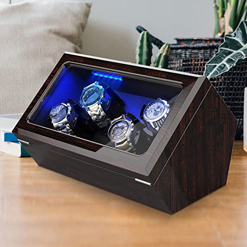 INCLAKE High End Watch Winder for 4 Watches with Soft Flexible Watch Pillows, Blue Led Light, Open and Shut Down Featured, Pine Bark Pattern