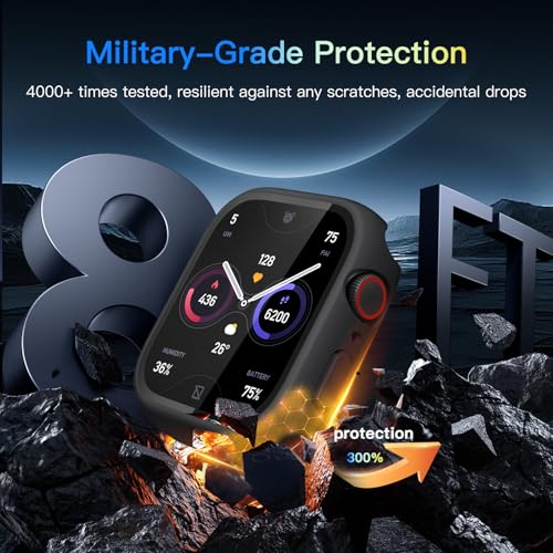 2 Pack Waterproof Privacy Hard PC Case with Tempered Glass Screen Protector for Apple Watch SE 2nd SE 3 Gen Series 6 5 4 44mm, Ultra-Thin Bumper Anti-shock Screen for iWatch Cover Accessories, Black