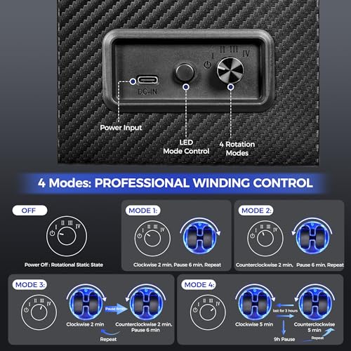 ANWBROAD Watch Winder for Automatic Watches, 4 Modes Double Automatic Watch Winder box with LED Crystal Design, Rotating Watch Case with Super Quiet Motor with Type-C Adapter UJWW007C