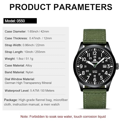 LN LENQIN Mens Watches Unisex Military Sport Nylon Strap Stylish Luminous Fashion Analog Quartz Watch for Men Waterproof Army Tactical Casual Wristwatch