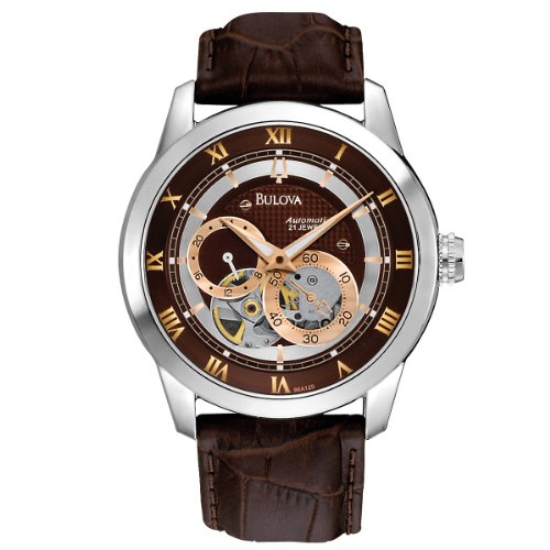 Bulova Men's Stainless Steel Automatic Rose Two Tone Brown Skeleton Dial