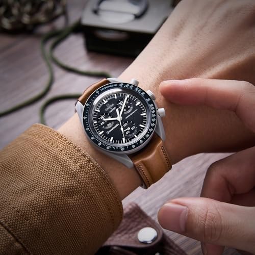 Getalia Italian Full grain vegetable tanned leather watch Bands Curved Strap,Compatible with Omega X Swatch Moonswatch Speedmaster Watch straps Men Women (Brown-width：20mm)