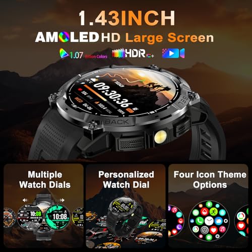 Rugged Military Smart Watch for Men with GPS, 1.43'' AMOLED Fitness Tracker Watch with Bluetooth Call/Flashlight/Compass, 170+ Sports Modes Waterproof Mens Smartwatch for Android iPhone