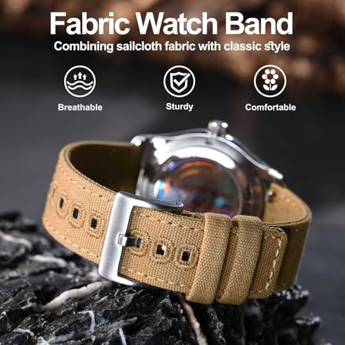 WOCCI 20mm Watch Band, Canvas Fabric, Quick Release, Replacement Strap, Silver Buckle (Khaki)
