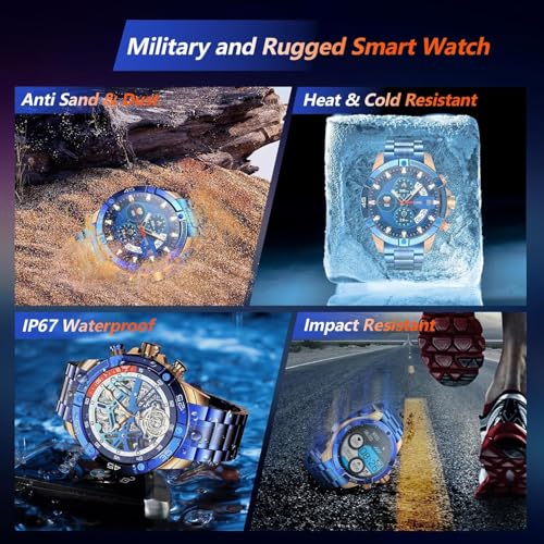 OHUGNA Men's Smart Watch Round HD 1.53" Gold Blue Smart Watches for Men, Multiple Sports Modes, Bluetooth Voice Call. Available for iOS and Android (All Black Steel Strap)