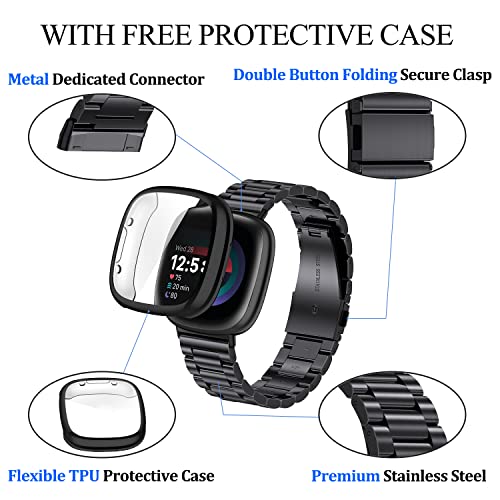 ZPJPPLX for Fitbit Versa 4 Metal Watch Band with Soft TPU Case,Compatible with Fitbit Sense 2 Stainless Steel Strap and Screen Protection Case for Men Women,Black