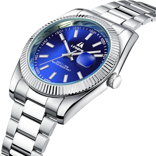 LN LENQIN Mens Watches Stainless Steel Analog Watch Quartz Watches for Men Waterproof Men's Wrist Watch Fashion Business Automatic Watch with Date (Silver Blue)