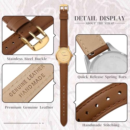 ANBEER 12mm Flat Thin Elegant Genuine Leather Watch Strap,Quick Release Replacement Watch Band,Brown with Gold Buckle