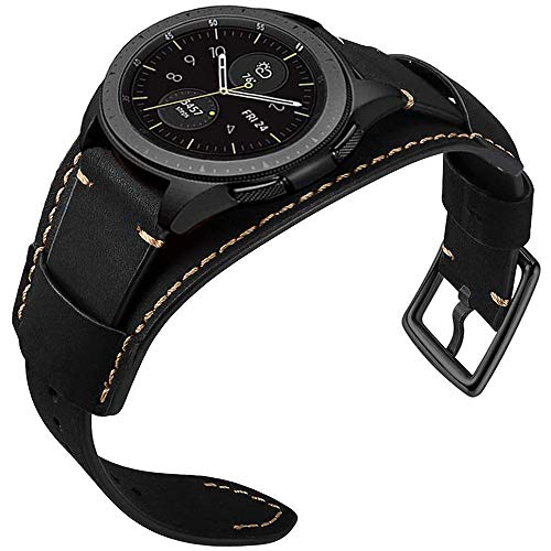 Hepsun Compatible with Samsung Galaxy Watch 7/6/5/4/Watch 42mm/Watch 3 41mm/Active 40mm/Active 2/Gear S2 Classic/Sport /Fossil Q Gazer/Ticwatch 2/Garmin Vivoactive 3 Bands, 20mm Vintage Cuff Genuine Leather Band Strap for Men Women (Black)