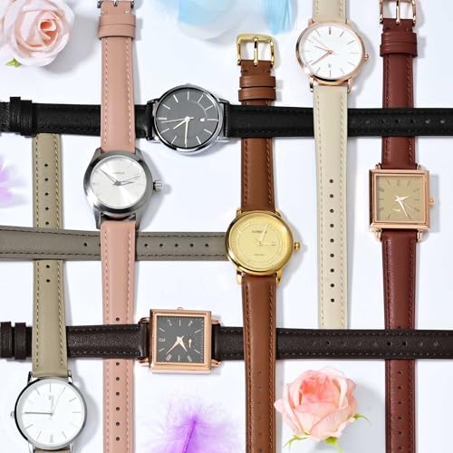 ANBEER 12mm Flat Thin Elegant Genuine Leather Watch Strap,Quick Release Replacement Watch Band,Brown with Gold Buckle