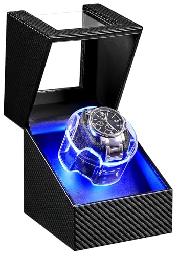 ANWBROAD Watch Winder for Automatic Watches, 4 Modes Single Automatic Watch Winder box with LED Crystal Design, Rotating Watch Case with Super Quiet Motor with Type-C Adapter,UJWW006C